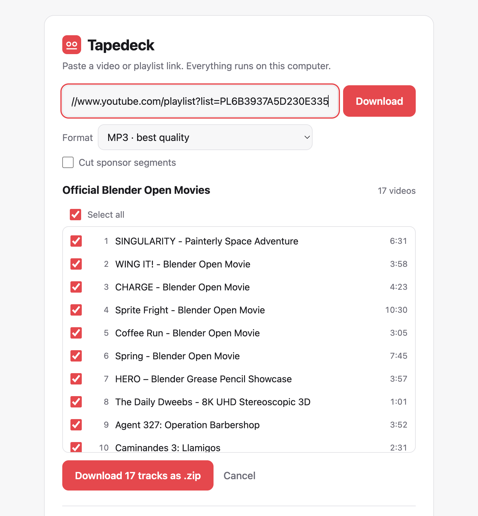 Tapedeck showing a playlist of 17 Blender open movies, each with a checkbox, and a button to download them as a zip